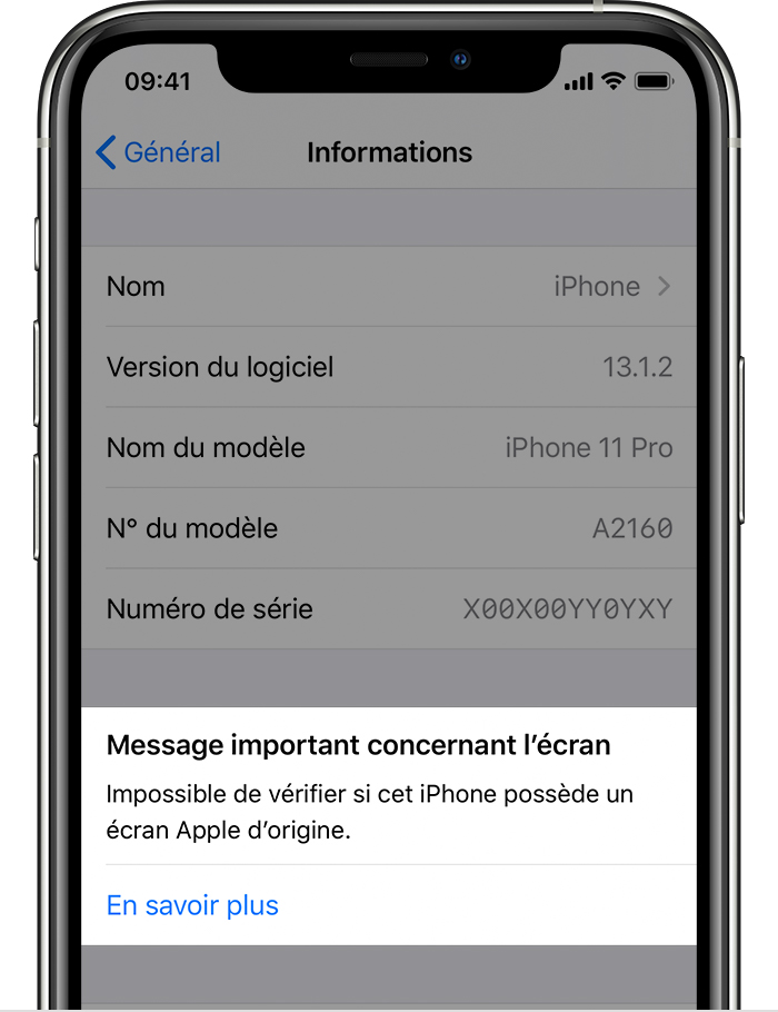 iPhone 11 Pro message erreur écran non conforme